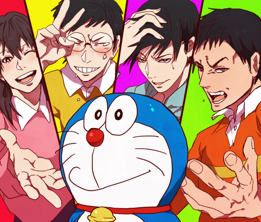 1girl, 4boys, black_hair, doraemon, doraemon_(character), glasses, gouda_takeshi, honekawa_suneo