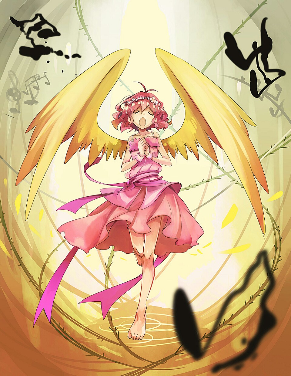1girl, barefoot, closed_eyes, dress, hands_clasped, harpy_(puyopuyo), highres, madou_monogatari, musical_note, nobara_(konnttaku), open_mouth, pink_dress, pink_hair, puyopuyo, short_hair, singing, solo, standing_on_one_leg, wings, yellow_background