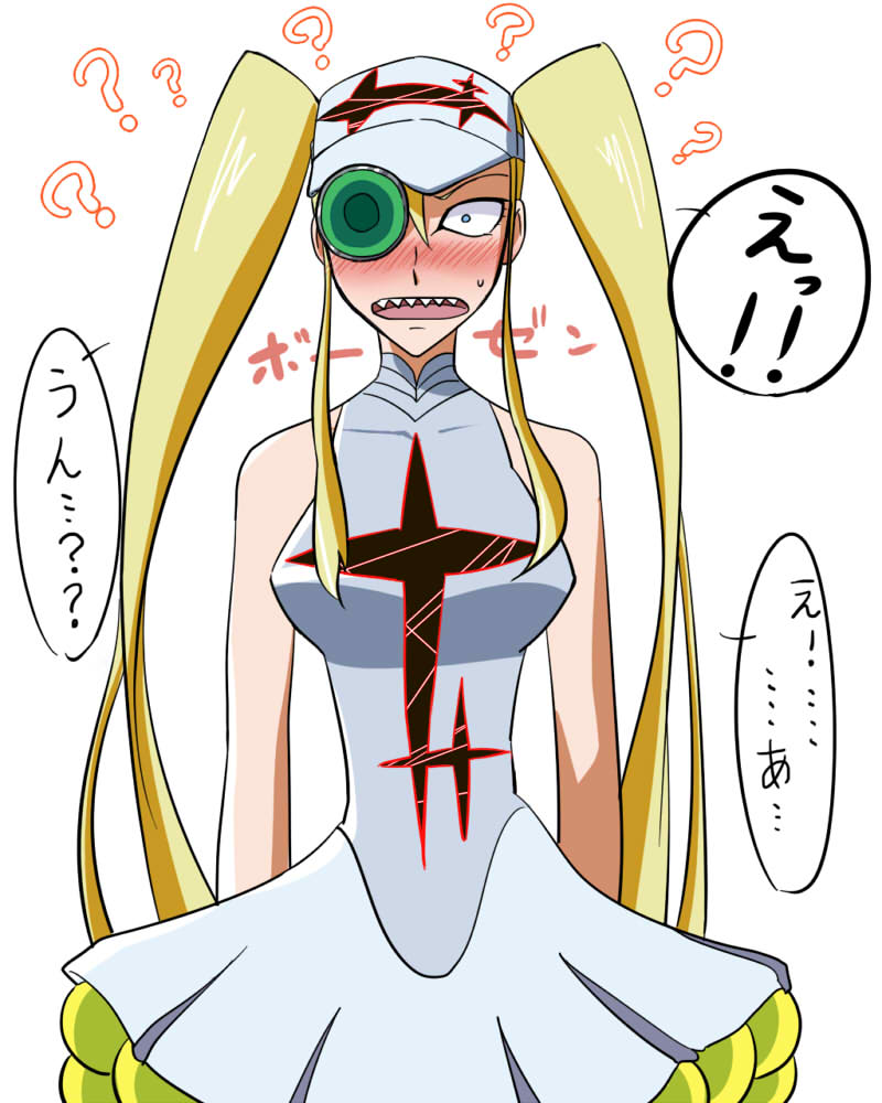 1girl, ?, ball, blonde_hair, blue_eyes, blush, dress, full-face_blush