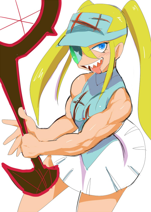1girl, blonde_hair, blue_eyes, hakodate_omiko, kill_la_kill, long_hair, muscle, oversized_object, rabbit_inoue, racket, scope, sharp_teeth, solo, tennis_racket, tongue, tongue_out, twintails, visor_cap