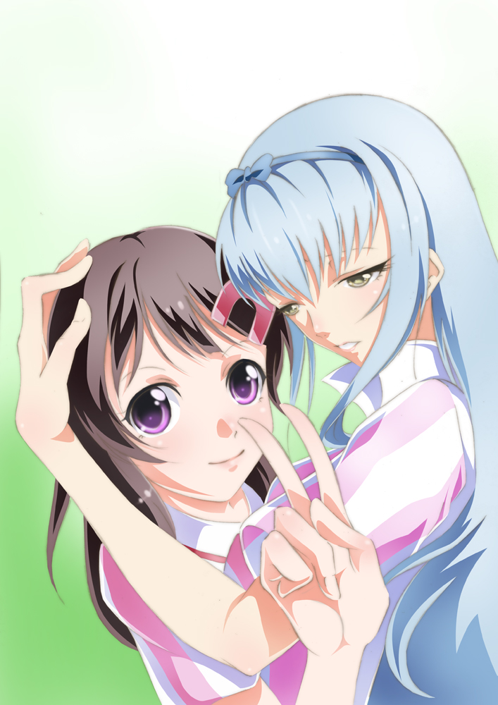 2girls, blush, brown_hair, hair_ornament, hairclip, hakurai_reika, hug, long_hair