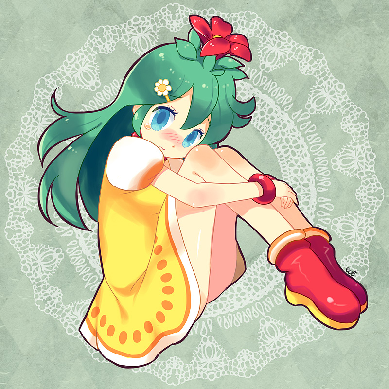 1girl, argyle, argyle_background, blue_eyes, bracelet, coriinu, flower, frown, green_background, green_hair, hair_flower, hair_ornament, hairclip, jewelry, long_hair, mandrake_(puyopuyo), puyopuyo, puyopuyo_quest, shoes, sitting, skirt, solo, yellow_skirt