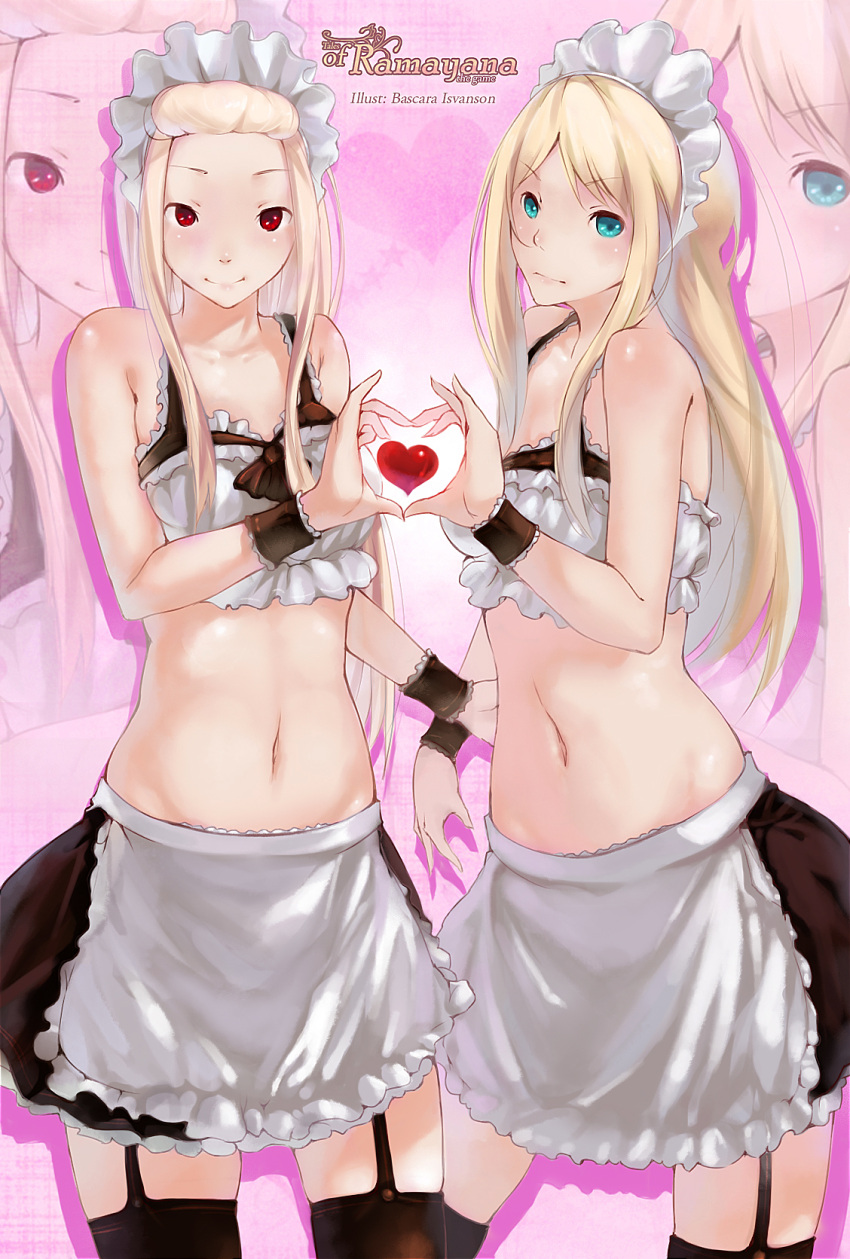 2girls, blonde_hair, blue_eyes, ecchi_pantsu, garter_straps, highres, long_hair, maid