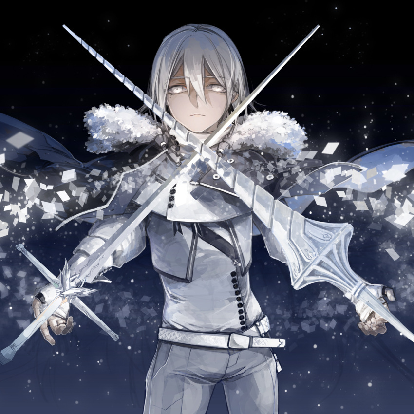 1boy, armor, artist_request, belt, cloak, fingerless_gloves, gloves, gradient, gradient_background, grey_eyes, grey_hair, highres, mole, night, night_sky, original, pike, pixiv_fantasia, pixiv_fantasia_fallen_kings, polearm, short_hair, silver_hair, sky, spear, sword, weapon, white_eyes, white_hair