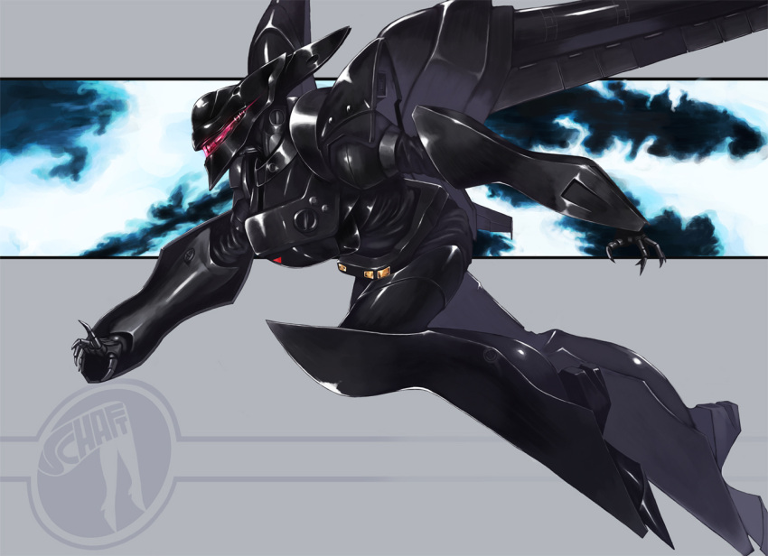 company_name, grey_background, kajichan, kidou_keisatsu_patlabor, logo, mecha, no_humans, profile, science_fiction, solo, type_j-9_griffon