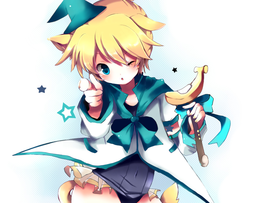 animal_ears, aqua_eyes, bad_id, banana, blonde_hair, crossdressing, food, fruit