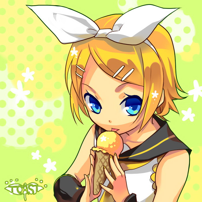 blonde_hair, blue_eyes, food, hair_ornament, hair_ribbon, hairclip, ice_cream, kagamine_rin