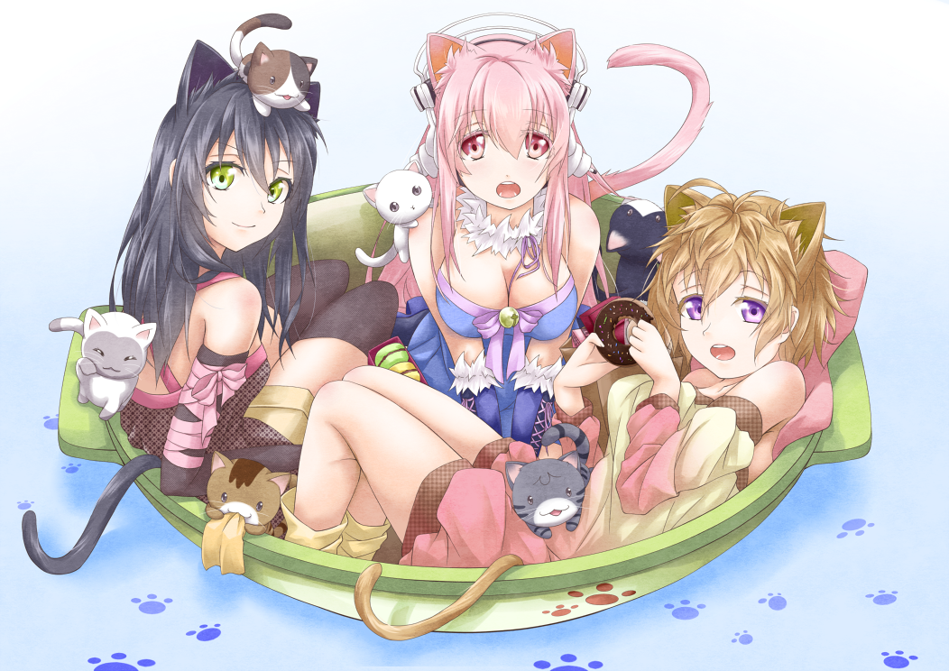 3girls, animal_ears, antenna_hair, black_hair, blush, bowl, breasts, brown_hair