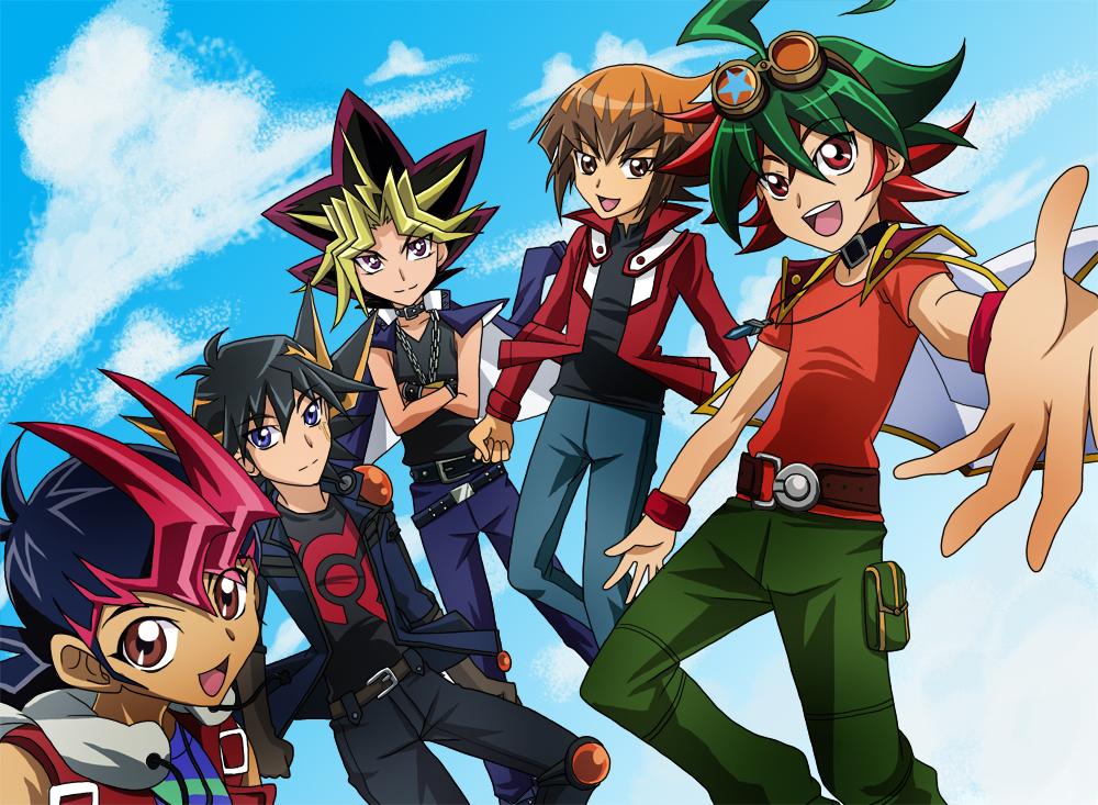 5boys, ahoge, atem, blue_eyes, brown_eyes, brown_hair, fudou_yuusei, jacket, jewelry, looking_at_viewer, male, masako_(sabotage-mode), multicolored_hair, multiple_boys, pendant, purple_hair, red_eyes, redhead, sakaki_yuuya, spiky_hair, tagme, tsukumo_yuma, violet_eyes, yuu-gi-ou, yuu-gi-ou_5d's, yuu-gi-ou_arc-v, yuu-gi-ou_duel_monsters, yuu-gi-ou_gx, yuu-gi-ou_zexal, yuuki_juudai