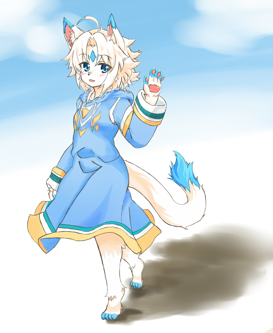 1girl, barefoot, blue_eyes, blush, borrowed_character, daiha_(setsuka), furry, looking_at_viewer