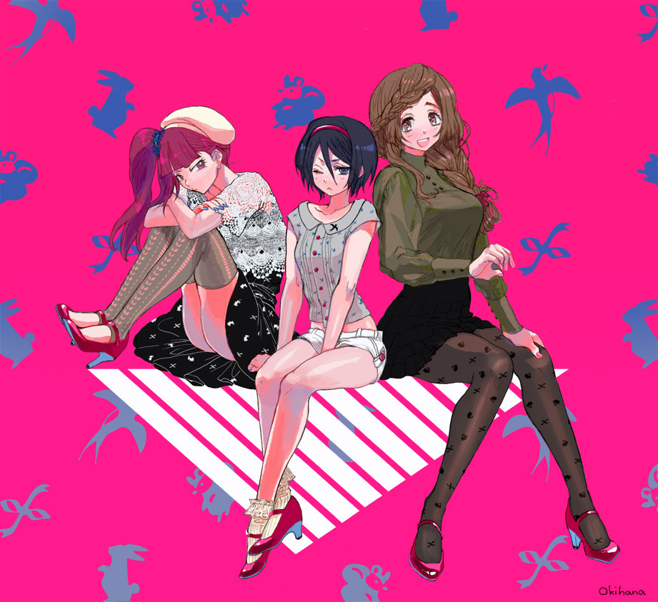 3girls, :d, ;<, alternate_hairstyle, artist_name, bare_legs, black_hair, black_skirt