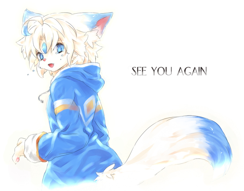 1girl, animal_ears, blue_eyes, furry, looking_at_viewer, looking_back, nivel, open_mouth