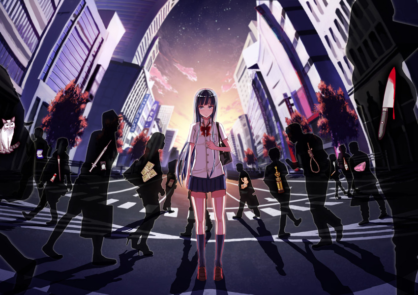 108tooya, 1girl, alcohol, baby, bag, bangs, black_hair, black_legwear, cat, chocolate, cityscape, clouds, kneehighs, long_hair, looking_at_viewer, money, noose, original, panties, pleated_skirt, school_bag, school_uniform, shadow, skirt, sky, solo_focus, syringe, tree, trophy, underwear