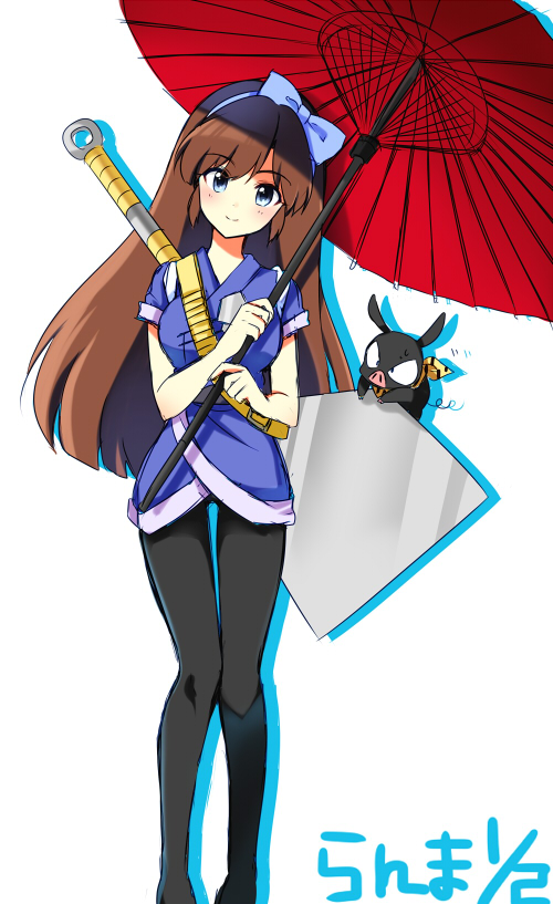1girl, bandana, blue_eyes, brown_hair, hair_ribbon, hibiki_ryouga, kuonji_ukyou, long_hair