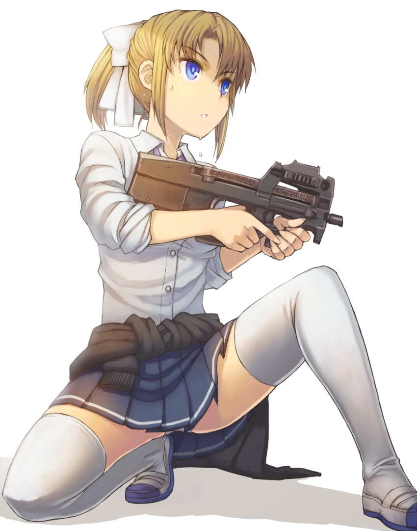 1girl, blonde_girl_(itou), blonde_hair, blue_eyes, bow, bullpup, clothes_around_waist, dress_shirt