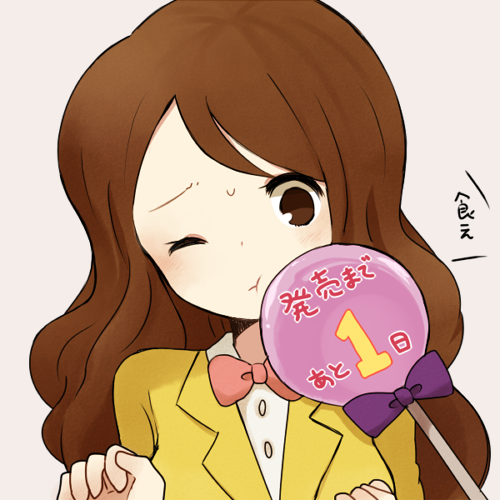 1girl, ayu_(mog), blush, bowtie, brown_eyes, brown_hair, emmy_altava, lowres, professor_layton, solo, translation_request, wink