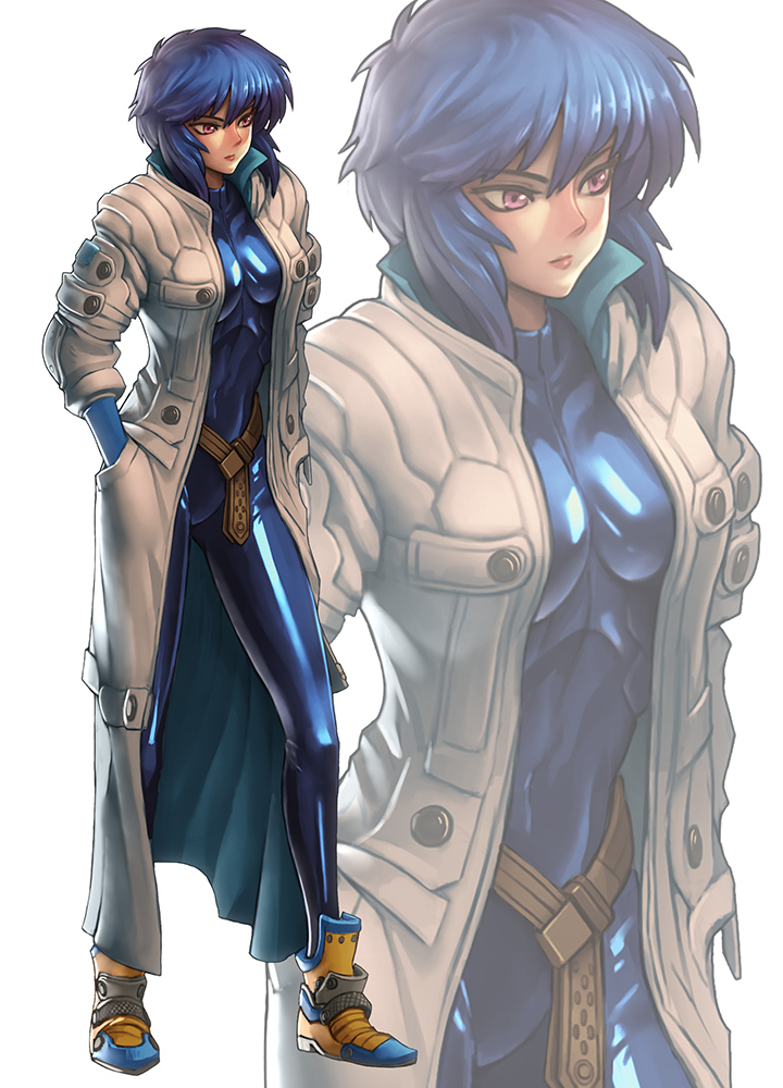 1girl, blue_hair, bodysuit, ghost_in_the_shell, ghost_in_the_shell_arise, hand_in_pocket, ikegami_noroshi, kusanagi_motoko