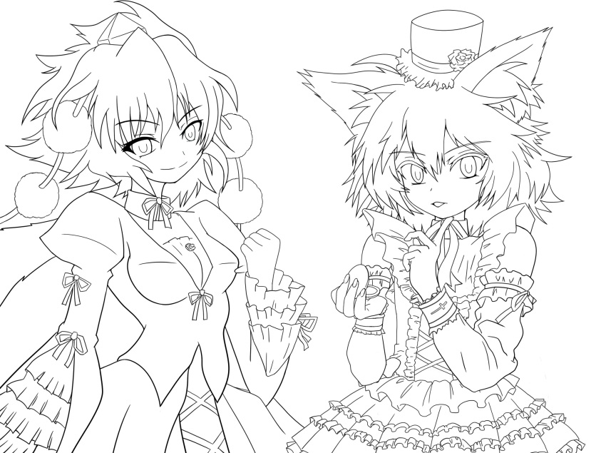 2girls, alternate_costume, animal_ears, highres, inubashiri_momiji, lineart, monochrome, multiple_girls