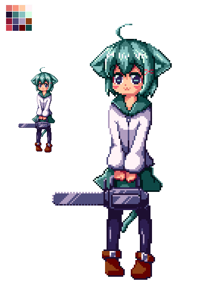 1girl, animal_ears, blush, cat_ears, cat_tail, chainsaw, green_eyes, green_hair