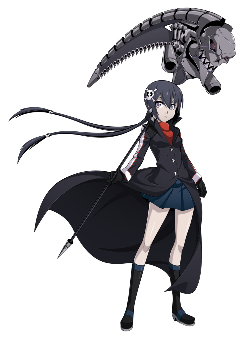 1girl, :<, ahoge, black_gloves, black_hair, blue_eyes, boots, fearless_night