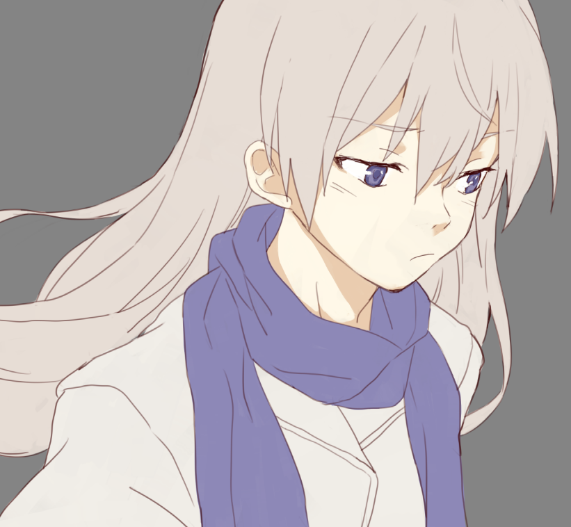 1girl, blue_eyes, eila_ilmatar_juutilainen, kawahara_fantasia, long_hair, scarf, silver_hair, solo