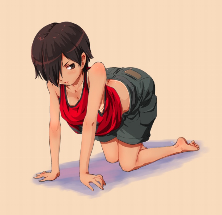androgynous, arched_back, back, bad_id, bare_shoulders, barefoot, black_eyes, black_hair