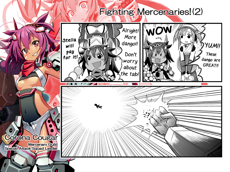 breasts, character_name, corona_cougar, cosmic_break, dango, dark_skin, eating, food, kisaragi_anko, pink_eyes, pink_hair, stella_caracal, under_boob, wagashi