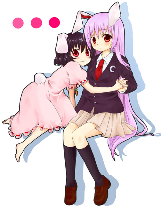 bad_id, barefoot, black_hair, blazer, bunny_ears, bunny_tail, holding_hands, inaba_tewi