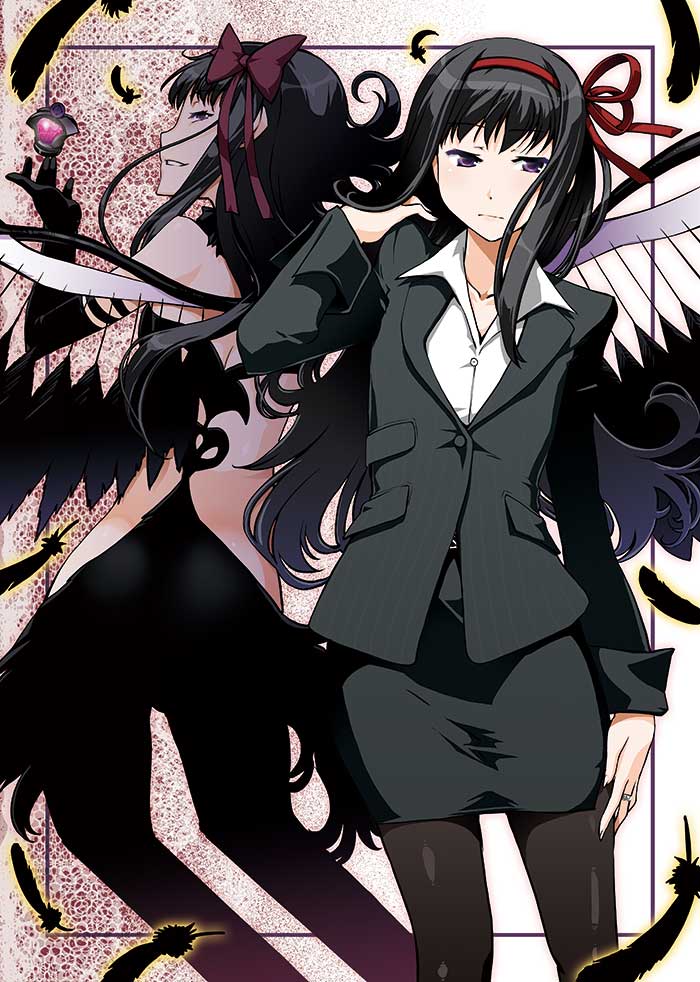 1girl, akemi_homura, akuma_homura, black_hair, dress_suit, feathers, formal, grin