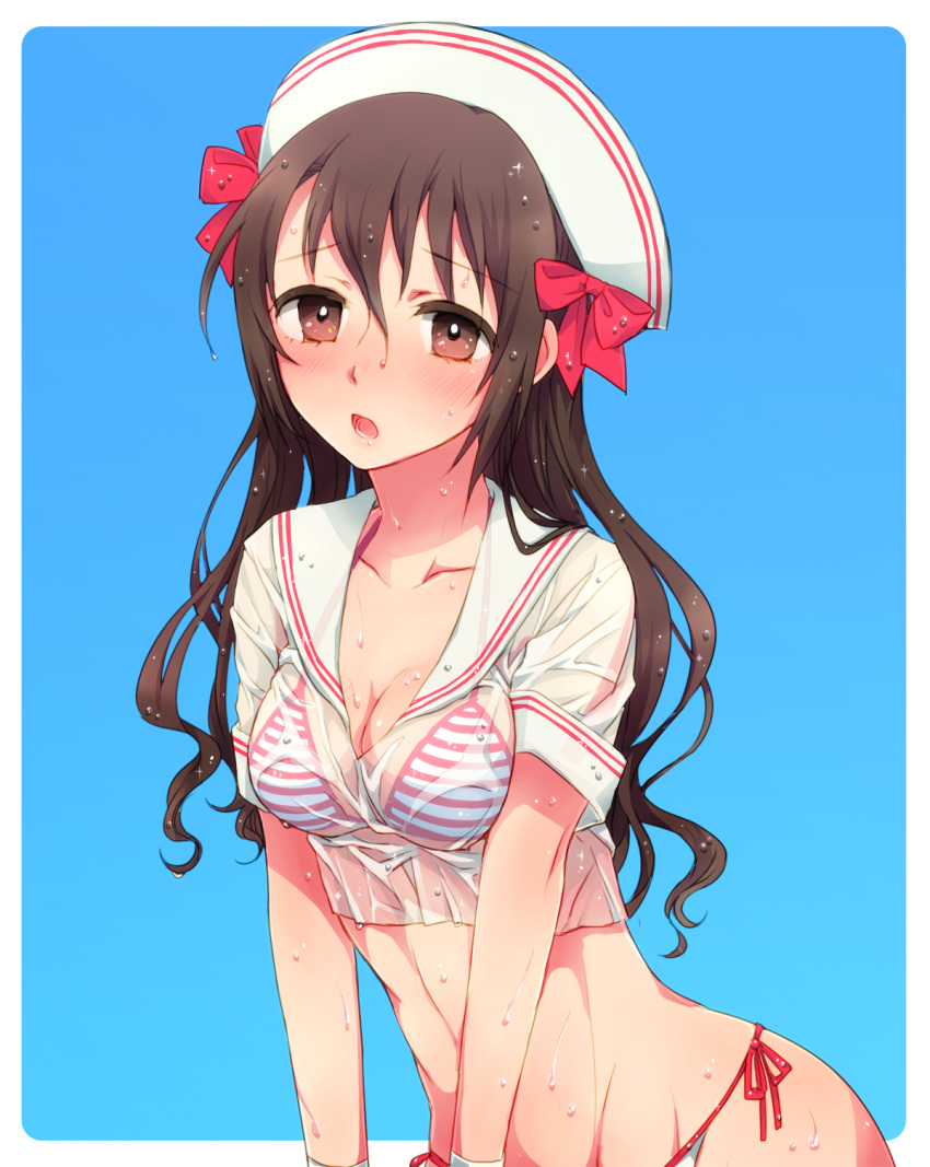 1girl, bikini, bikini_under_clothes, blue_background, blush, breasts, brown_eyes, brown_hair, cleavage, hat, highres, idolmaster, idolmaster_cinderella_girls, long_hair, looking_at_viewer, mironomeo, open_mouth, sailor_collar, sailor_hat, see-through, shimamura_uzuki, side-tie_bikini, striped, striped_bikini, striped_swimsuit, swimsuit, swimsuit_under_clothes, wet