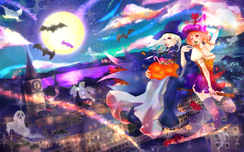 bat, blonde_hair, braid, breasts, broom, broom_riding, building, candy