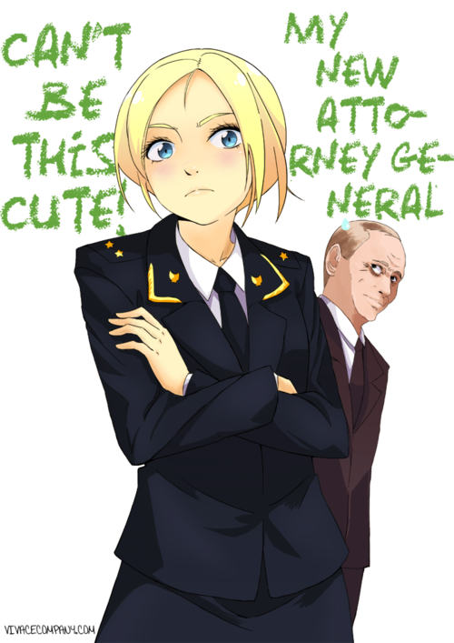 1boy, 1girl, :<, blonde_hair, blue_eyes, blush, can't_be_this_cute, crossed_arms, formal, natalia_poklonskaya, ore_no_imouto_ga_konna_ni_kawaii_wake_ga_nai, parody, politician, real_life, suit, uniform, vladimir_putin