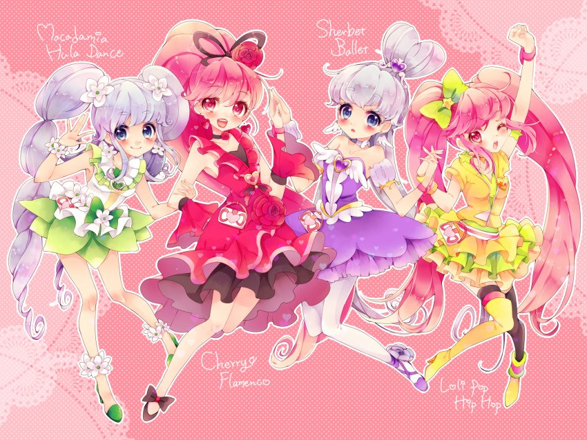 4girls, :d, aino_megumi, alternate_form, arm_grab, arm_up, ballerina, blue_eyes