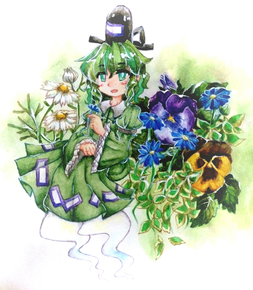 1girl, andonkurage, blush_stickers, daisy, dress, flower, ghost_tail, gradient, gradient_background, green_dress, green_eyes, green_hair, hat, highres, long_sleeves, looking_at_viewer, pansy, parted_lips, short_hair, soga_no_tojiko, solo, tate_eboshi, touhou, traditional_media, violet_(flower), watercolor_(medium)