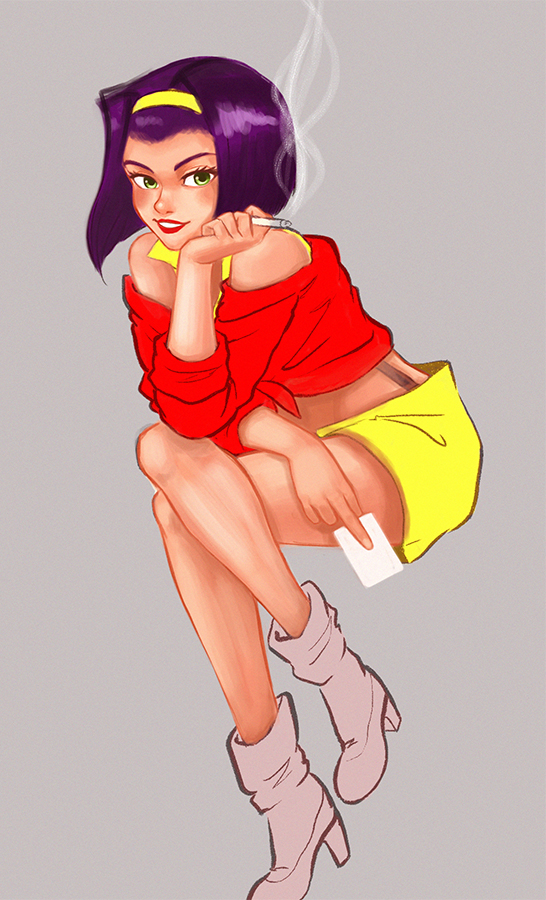 1girl, ankle_boots, bare_shoulders, boots, card, chin_rest, cigarette, cowboy_bebop, crossed_legs, faye_valentine, green_eyes, hairband, high_heel_boots, high_heels, kelly_kao, lips, lipstick, makeup, playing_card, purple_hair, shorts, sitting, smoke, smoking, solo