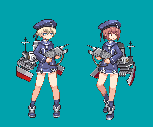 2girls, aqua_background, blue_eyes, brown_eyes, brown_hair, cannon, e79, hat