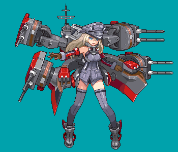 1girl, aqua_background, bismarck_(kantai_collection), blonde_hair, blue_eyes, cannon, e79, grey_legwear