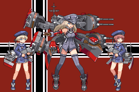 3girls, bismarck_(kantai_collection), blonde_hair, blue_eyes, brown_eyes, brown_hair, cannon, e79