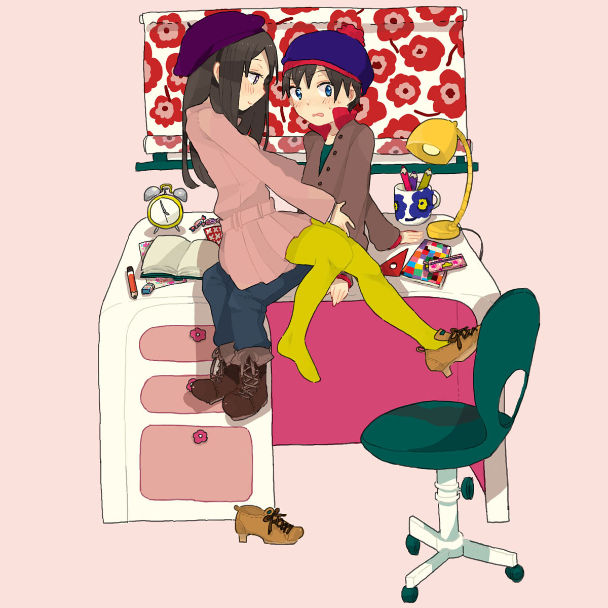 asami_(space_neko), black_hair, blue_eyes, book, candy, chair, clock, hat