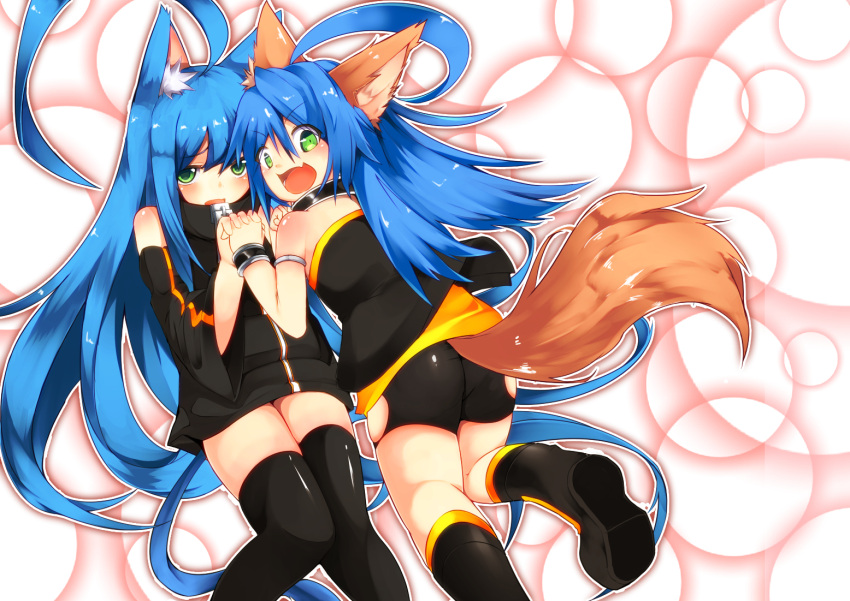 2girls, ahoge, animal_ears, bike_shorts, black_legwear, blue_hair, blush, borrowed_character