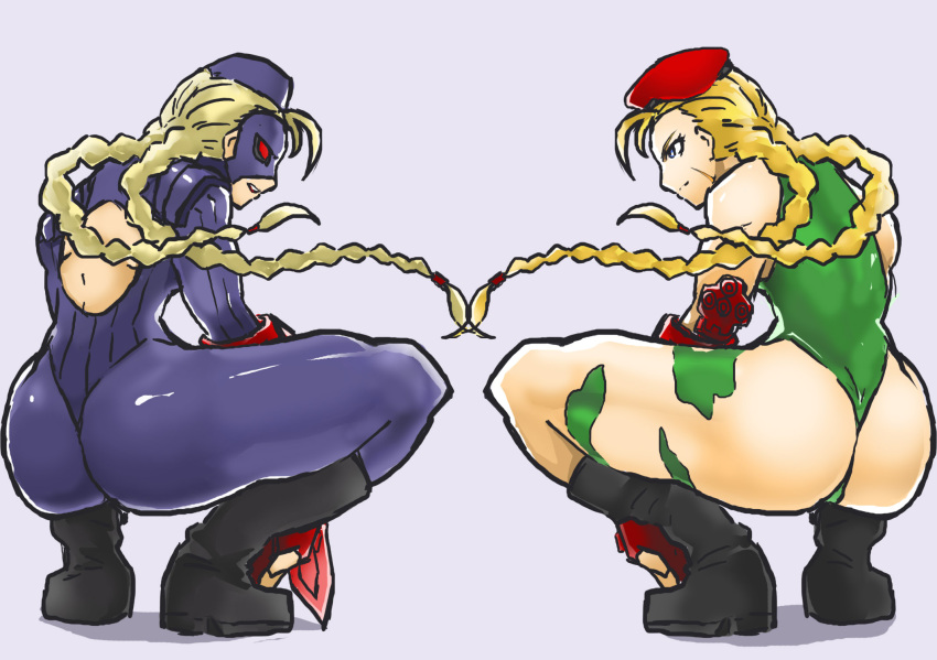 2girls, ass, back_cutout, beret, blonde_hair, boots, braid, cammy_white