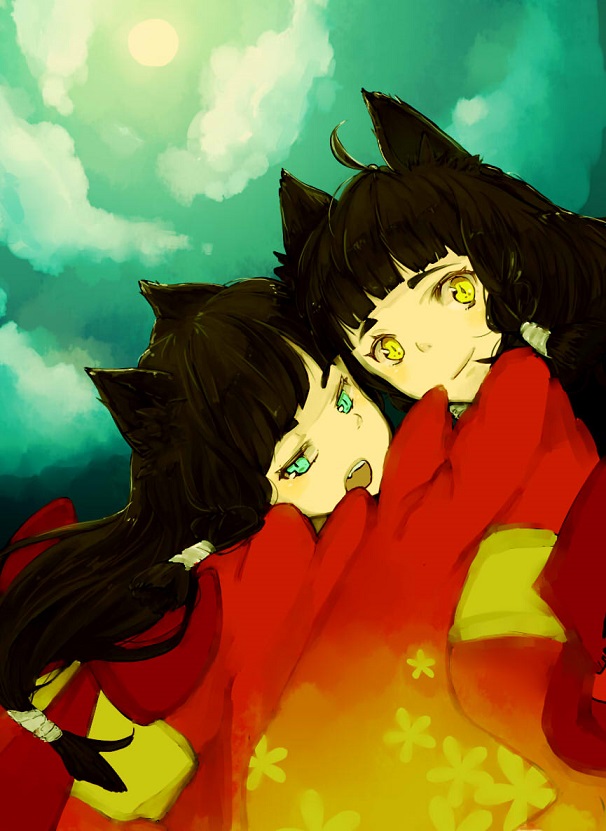 2girls, ahoge, angry, animal_ears, aqua_eyes, artist_request, bakeneko, black_hair