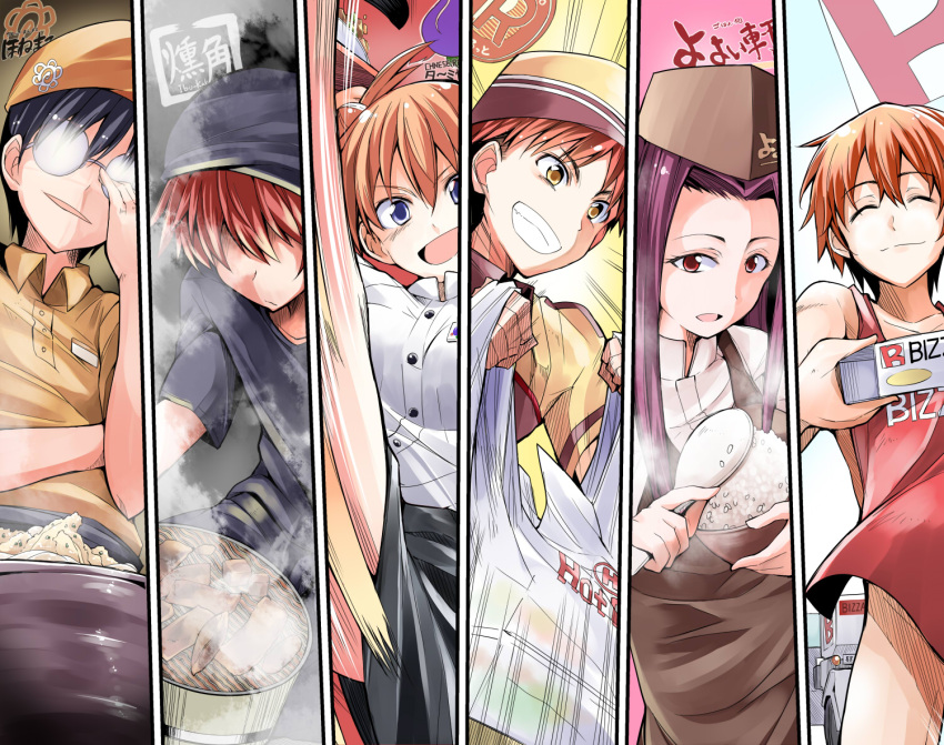 apron, bibi, black_hair, blue_eyes, brand_name_imitation, brown_hair, closed_eyes, employee_uniform, food, glasses, grin, ibusaki_shun, isshiki_satoshi, long_hair, marui_zenji, naked_apron, orange_hair, red_eyes, rice, sakaki_ryouko, shokugeki_no_soma, short_hair, smile, smoke, uniform, yellow_eyes, yoshino_yuuki, yukihira_souma