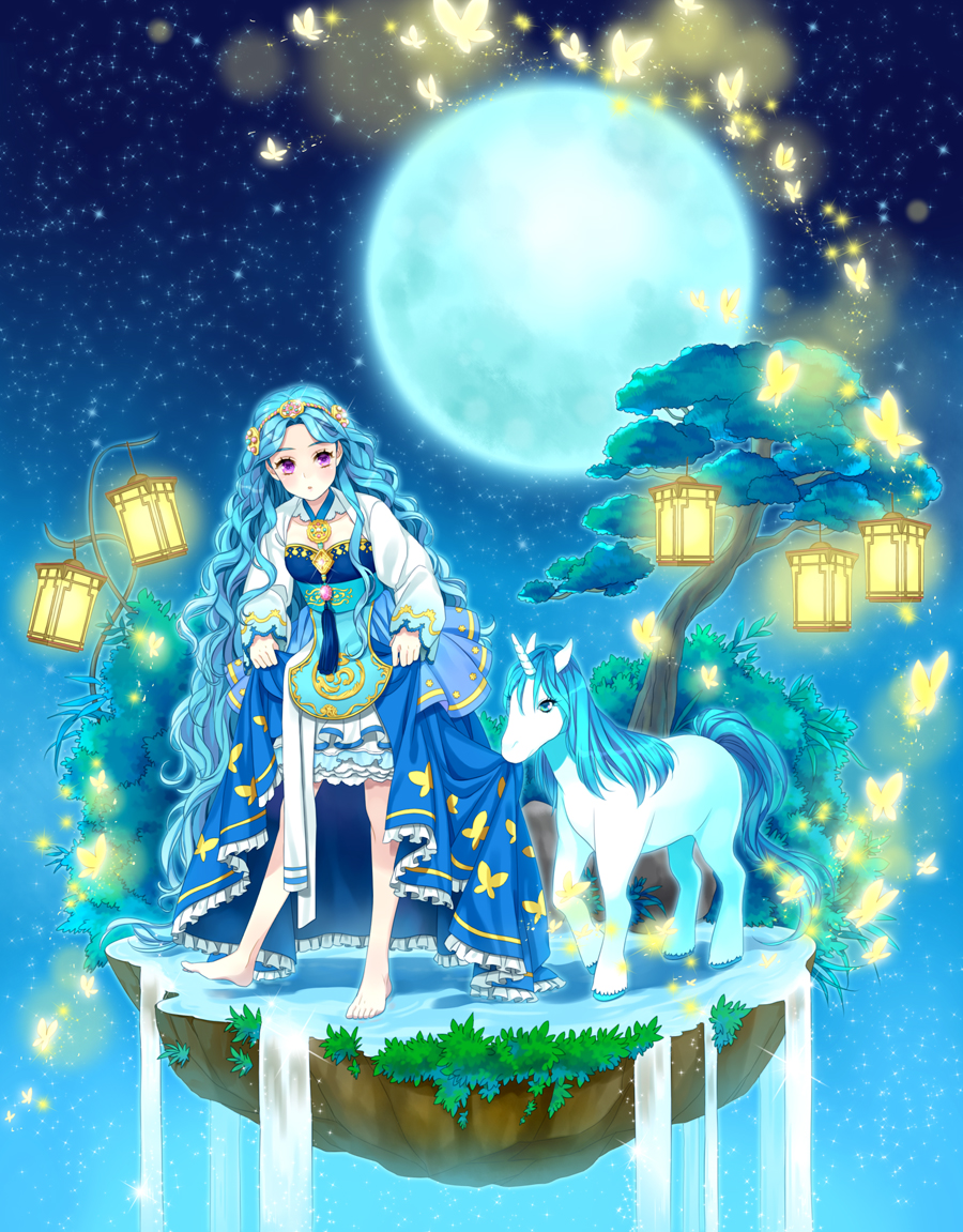 1girl, barefoot, blue_hair, butterfly, dress, floating_island, lamp, long_hair, maha_(hyukyu6), moon, night, original, solo, tree, unicorn, very_long_hair, violet_eyes, water, wavy_hair