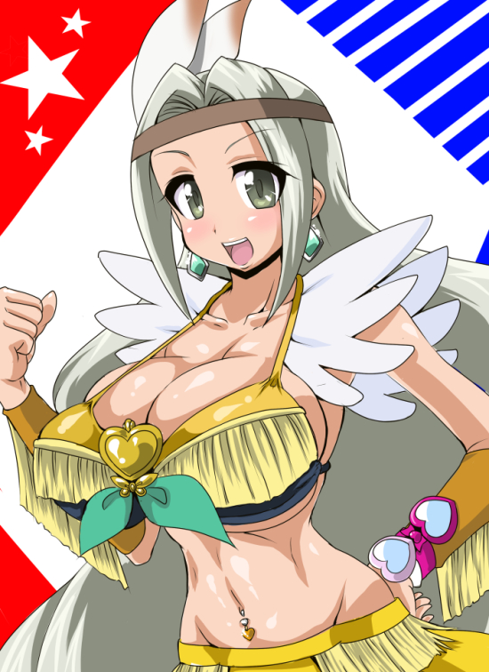 1girl, :d, bomber_girls_precure, breasts, brooch, cleavage, clenched_hand, collarbone, earrings, feathers, fringe, green_eyes, hand_on_hip, happinesscharge_precure!, headband, jewelry, large_breasts, long_hair, midriff, navel_piercing, open_mouth, piercing, precure, skirt, smile, solo, sorano-umi, tribal, western, white_hair
