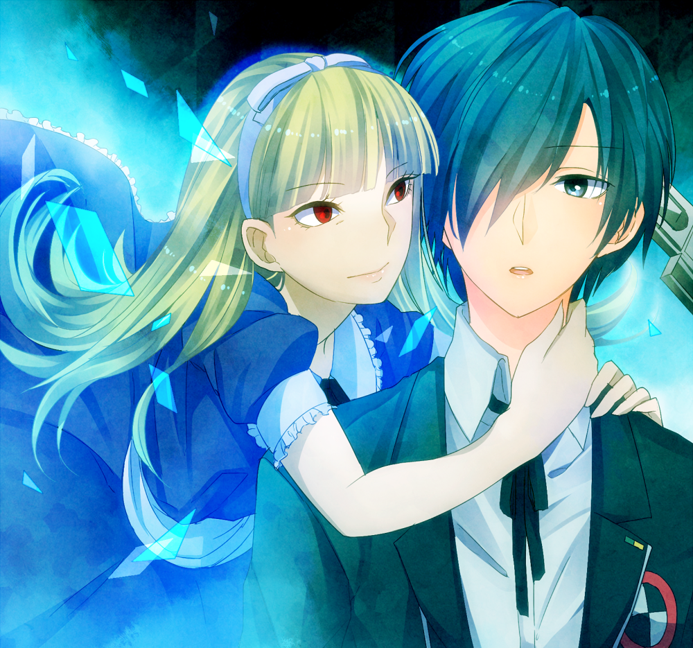 alice_(megami_tensei), arisato_minato, blonde_hair, blue_eyes, blue_hair, evoker, hairband, open_mouth