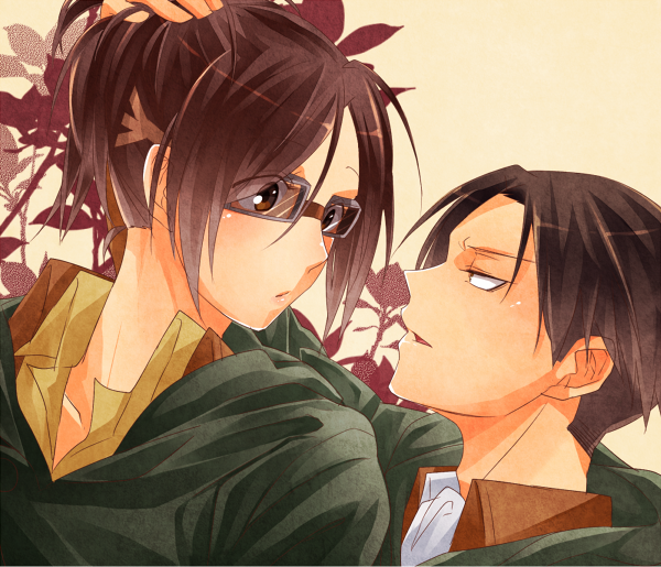 1boy, 1girl, black_eyes, black_hair, brown_hair, cape, glasses, hange_zoe