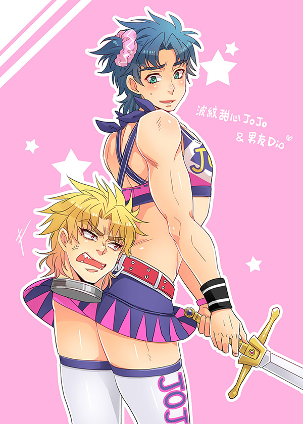 2boys, anger_vein, blonde_hair, blue_hair, cheerleader, cosplay, dio_brando, fangs