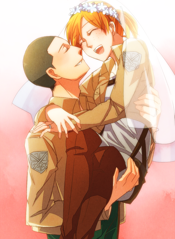 1boy, 1girl, boots, closed_eyes, franz_(shingeki_no_kyojin), freckles, hannah_(shingeki_no_kyojin), jacket