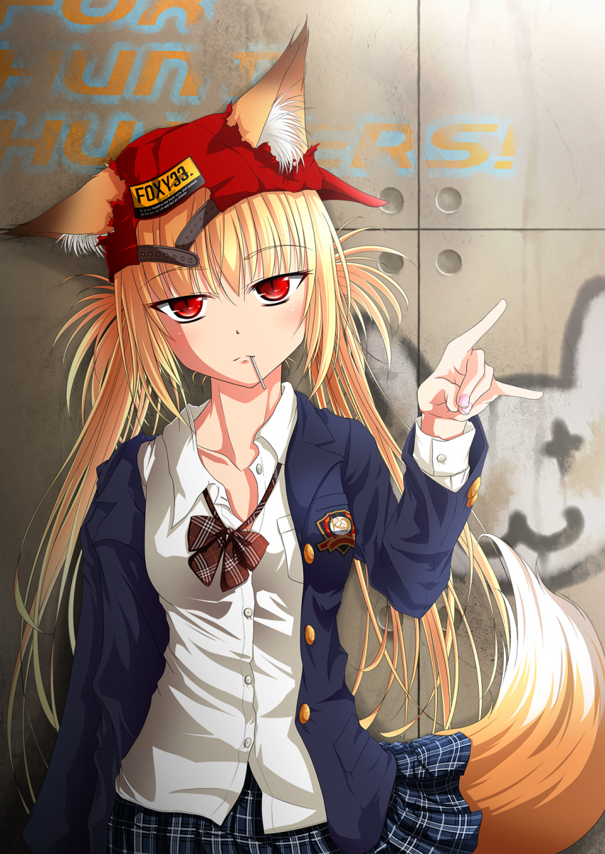 1girl, animal_ears, blonde_hair, blush, breasts, candy, casual, dagitsune_yuu